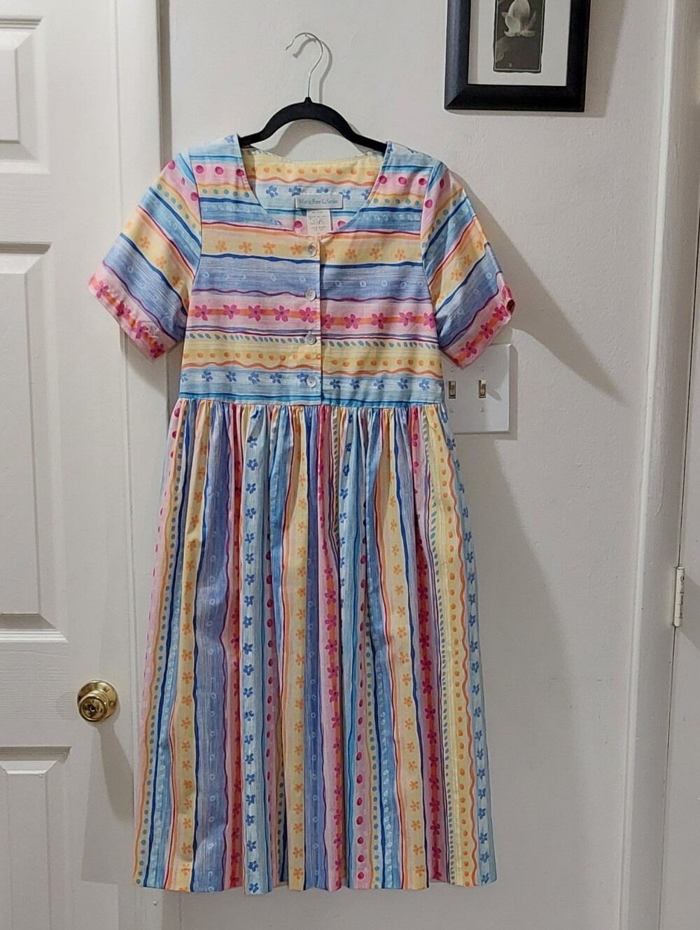 Vintage Striped Midi Dress in Blue, Pink, Yellow, Cream Pittite Small - Picture 3 of 7